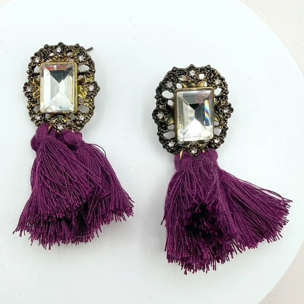 Vintage Y2K Gold Tone Purple Tassel Emerald Cut Earrings Women's Classic Jewelry